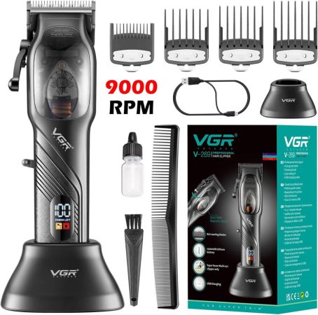 VGR V-269 profesionálny strihací strojček na vlasy a bradu – T-čepeľ, LED displej, nabíjacia stanica VGR V-269 profesionálny strihací strojček na vlasy a bradu – T-čepeľ, LED displej, nabíjacia stanica