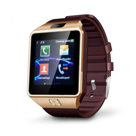 AlphaOne DZ09 inteligentné hodinky so zlatým, hnedým opaskom. Telefón už nemusíte vybrať z vrecka alebo z tašky