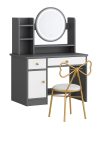   Kozmetický stolík s LED zrkadlom a stoličkou – viacero úložných priestorov a priestranná doska, šedo-biela farba, rozmery 80 x 40 x 128 cm
