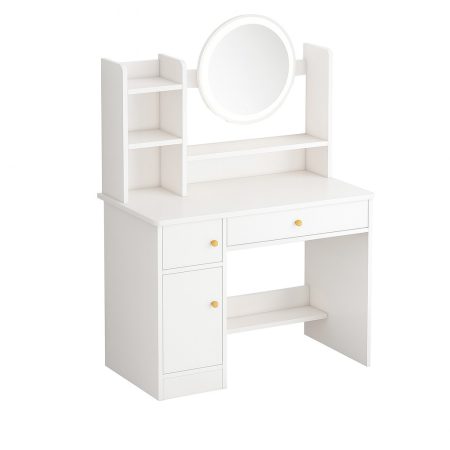 Kozmetický stolík s LED zrkadlom – viacero úložných priestorov a priestranná doska, biela farba, 80 x 40 x 128 cm