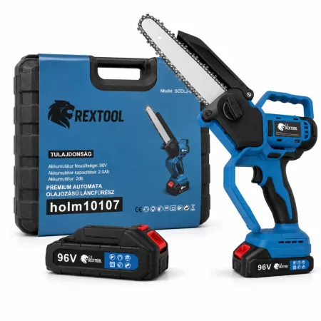 Rextool Premium reťazová píla s automatickým mazaním, s indikátorom nabitia a 2×96 V akumulátormi Rextool Premium reťazová píla s automatickým mazaním, s indikátorom nabitia a 2×96 V akumulátormi