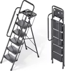 KINGRACK 5-stupňový skladací rebrík, čierny, s držiakom na náradie a bočnými držadlami – maximálna nosnosť 150 kg KINGRACK 5-stupňový skladací rebrík, čierny, s držiakom na náradie a bočnými držadlami – maximálna nosnosť 150 kg
