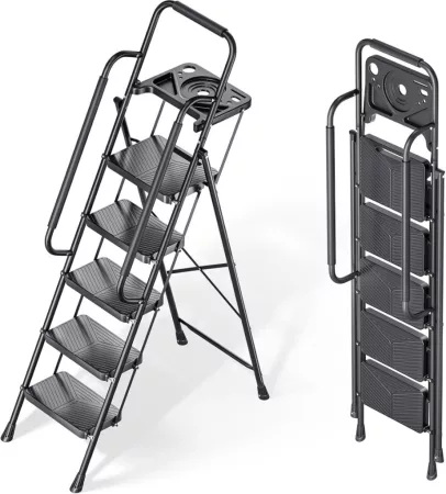 KINGRACK 5-stupňový skladací rebrík, čierny, s držiakom na náradie a bočnými držadlami – maximálna nosnosť 150 kg KINGRACK 5-stupňový skladací rebrík, čierny, s držiakom na náradie a bočnými držadlami – maximálna nosnosť 150 kg