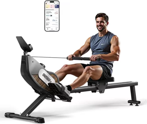 Skladací magnetický veslovací trenažér ONETWOFIT, 16 úrovní, Bluetooth, čierny Skladací magnetický veslovací trenažér ONETWOFIT, 16 úrovní, Bluetooth, čierny