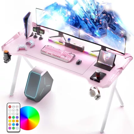 Dowinx RGB herný stôl 120×60 cm – ružový, s držiakom na pohár, držiakom na slúchadlá a diaľkovým ovládaním Dowinx RGB herný stôl 120×60 cm – ružový, s držiakom na pohár, držiakom na slúchadlá a diaľkovým ovládaním