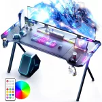   Počítačový stôl Dowinx RGB Gamer, 120 × 60 cm, čierny – držiak na poháre, držiak na slúchadlá, diaľkový ovládač